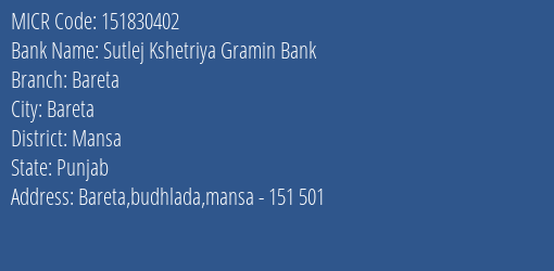 Sutlej Kshetriya Gramin Bank Bareta MICR Code