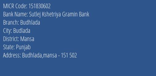 Sutlej Kshetriya Gramin Bank Budhlada MICR Code