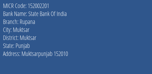 State Bank Of India Rupana Branch Address Details and MICR Code 152002201