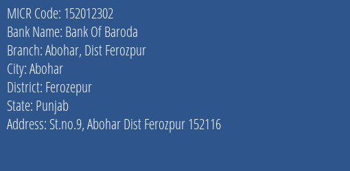 Bank Of Baroda Abohar Dist Ferozpur MICR Code
