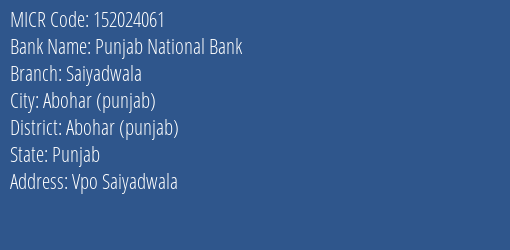 Punjab National Bank Saiyadwala MICR Code
