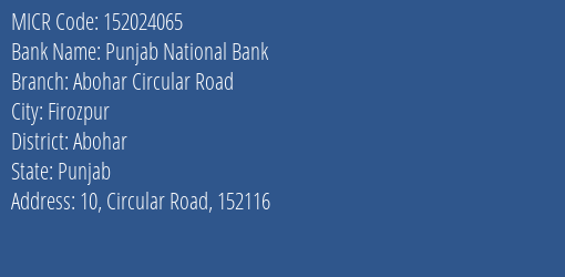 Punjab National Bank Abohar Circular Road MICR Code