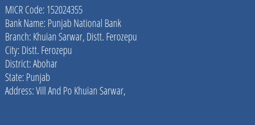 Punjab National Bank Khuian Sarwar Distt. Ferozepu MICR Code