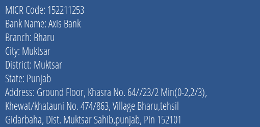 Axis Bank Bharu Branch Address Details and MICR Code 152211253