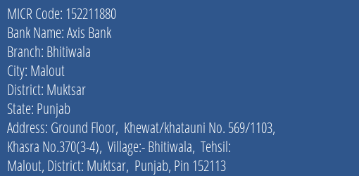 Axis Bank Bhitiwala Branch Address Details and MICR Code 152211880