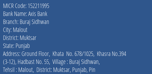 Axis Bank Buraj Sidhwan Branch Address Details and MICR Code 152211995