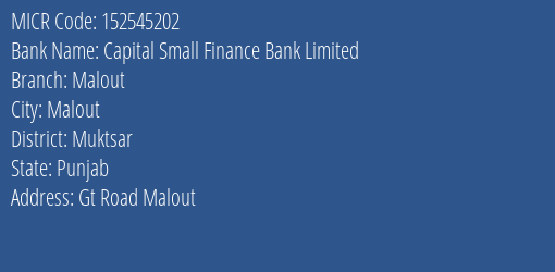 Capital Small Finance Bank Limited Malout MICR Code