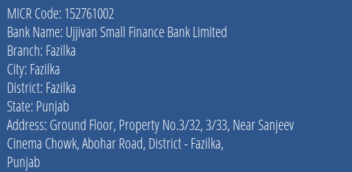 Ujjivan Small Finance Bank Limited Fazilka MICR Code