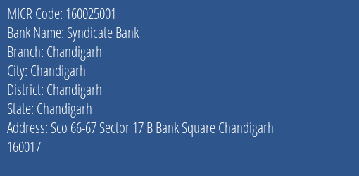 Syndicate Bank Chandigarh MICR Code