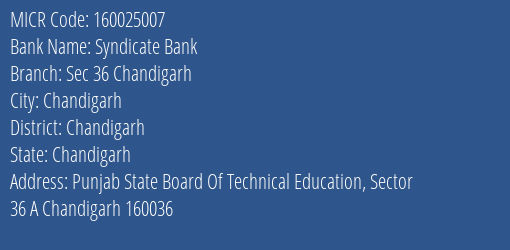 Syndicate Bank Sec 36 Chandigarh MICR Code