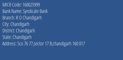 Syndicate Bank R O Chandigarh MICR Code