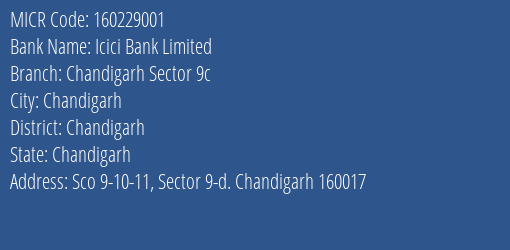 Icici Bank Limited Chandigarh Sector 9c MICR Code