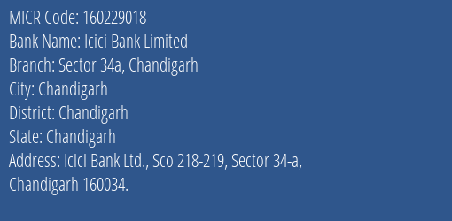 Icici Bank Limited Sector 34a Chandigarh MICR Code