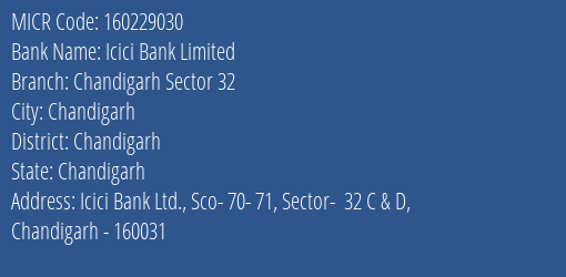 Icici Bank Limited Chandigarh Sector 32 MICR Code