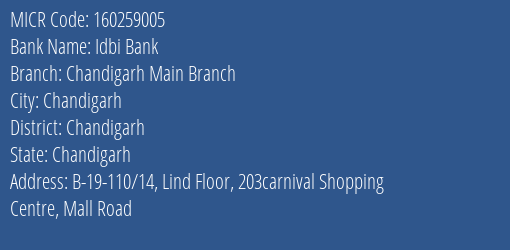 Idbi Bank Chandigarh Main Branch MICR Code