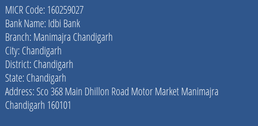 Idbi Bank Manimajra Chandigarh MICR Code