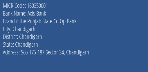 The Punjab State Co Op Bank Sector 34 MICR Code