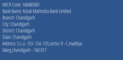 Kotak Mahindra Bank Limited Chandigarh MICR Code
