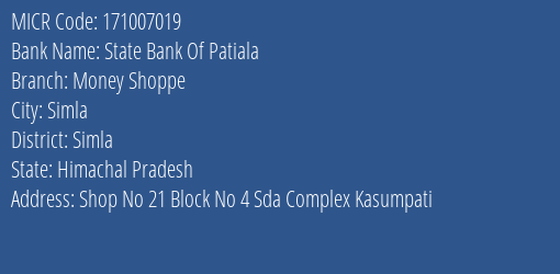 State Bank Of Patiala Money Shoppe MICR Code
