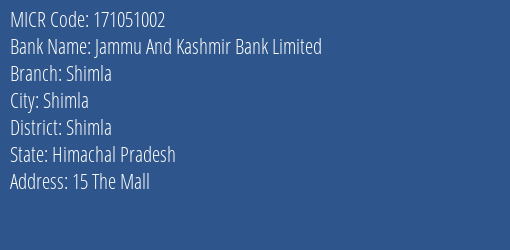 Jammu And Kashmir Bank Shimla Branch Address Details and MICR Code 171051002