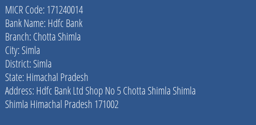Hdfc Bank Chotta Shimla MICR Code
