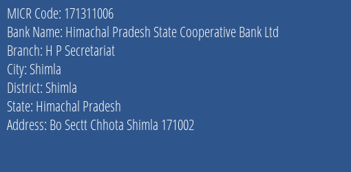 Himachal Pradesh State Cooperative Bank Ltd H P Secretariat MICR Code