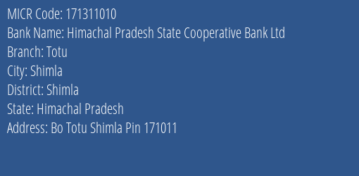 Himachal Pradesh State Cooperative Bank Ltd Totu MICR Code