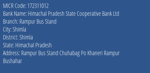 Himachal Pradesh State Cooperative Bank Ltd Rampur Bus Stand MICR Code