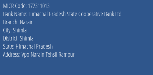 Himachal Pradesh State Cooperative Bank Ltd Narain MICR Code