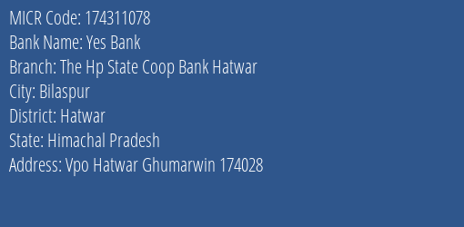 The Hp State Cooperative Bank Ltd Hatwar MICR Code