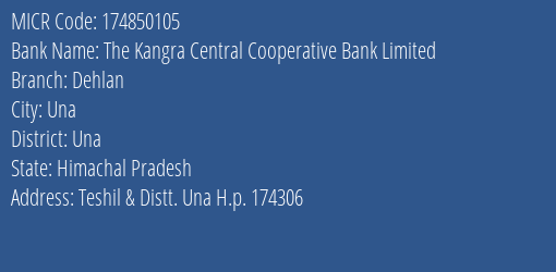 The Kangra Central Cooperative Bank Limited Dehlan MICR Code