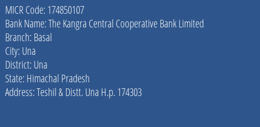 The Kangra Central Cooperative Bank Limited Basal MICR Code