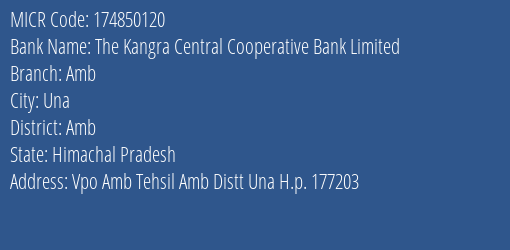 The Kangra Central Cooperative Bank Limited Amb MICR Code