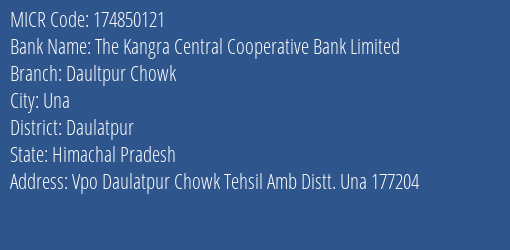 The Kangra Central Cooperative Bank Limited Daultpur Chowk MICR Code