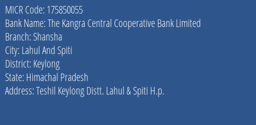 The Kangra Central Cooperative Bank Limited Shansha MICR Code