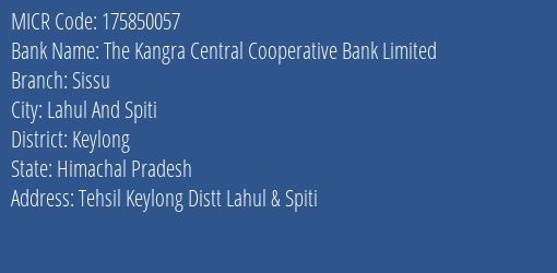 The Kangra Central Cooperative Bank Limited Sissu MICR Code