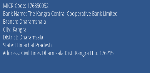 The Kangra Central Cooperative Bank Limited Dharamshala MICR Code