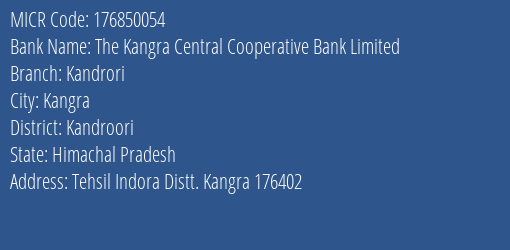 The Kangra Central Cooperative Bank Limited Kandrori MICR Code