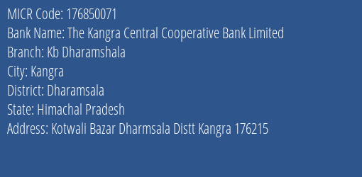 The Kangra Central Cooperative Bank Limited Kb Dharamshala MICR Code