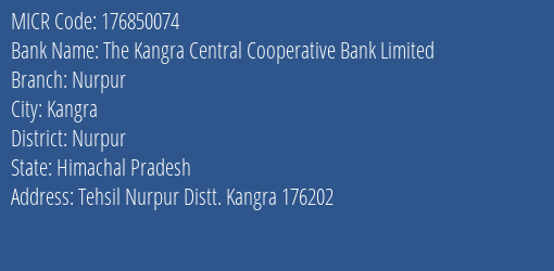 The Kangra Central Cooperative Bank Limited Nurpur MICR Code