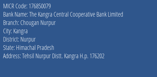 The Kangra Central Cooperative Bank Limited Chougan Nurpur MICR Code