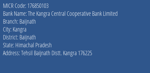 The Kangra Central Cooperative Bank Limited Baijnath MICR Code