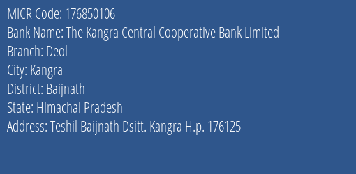 The Kangra Central Cooperative Bank Limited Deol MICR Code
