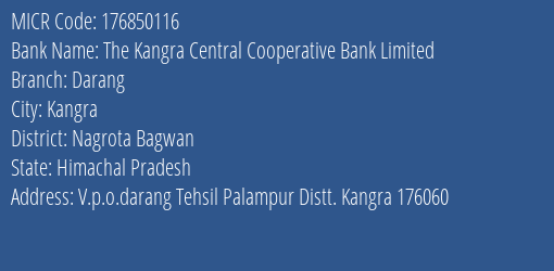 The Kangra Central Cooperative Bank Limited Darang MICR Code