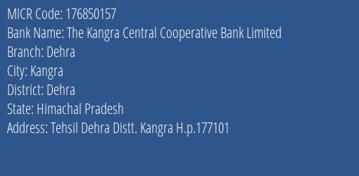 The Kangra Central Cooperative Bank Limited Dehra MICR Code