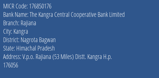 The Kangra Central Cooperative Bank Limited Rajiana MICR Code