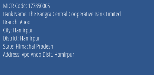 The Kangra Central Cooperative Bank Limited Anoo MICR Code
