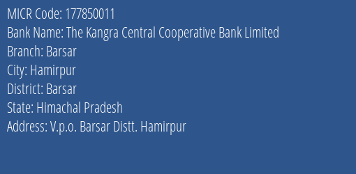 The Kangra Central Cooperative Bank Limited Barsar MICR Code
