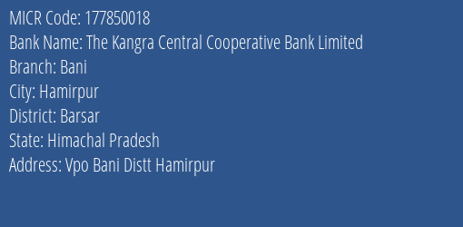 The Kangra Central Cooperative Bank Limited Bani MICR Code