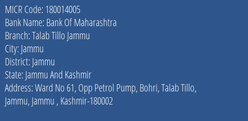 Bank Of Maharashtra Talab Tillo Jammu MICR Code